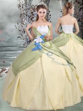 Sexy Taffeta Sleeveless Floor Length Quinceanera Gown and Ruching and Hand Made Flower