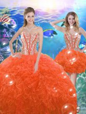 Pretty Orange Red Sweetheart Neckline Beading and Ruffles 15th Birthday Dress Sleeveless Lace Up