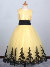  Sleeveless Lace Up Floor Length Appliques Girls Pageant Dresses