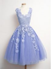 Pretty V-neck Sleeveless Dama Dress Knee Length Appliques Lavender Tulle