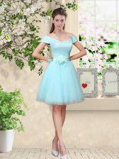 Custom Designed V-neck Cap Sleeves Tulle Vestidos de Damas Lace and Belt Lace Up