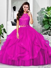 Extravagant Halter Top Sleeveless Tulle Quince Ball Gowns Lace and Ruffles Zipper