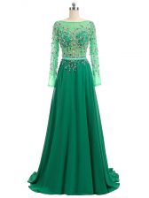 High Quality Green Prom Dress Prom and Party and Military Ball with Beading Bateau Long Sleeves Brush Train Backless