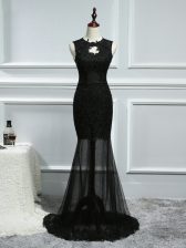  Brush Train Mermaid Prom Gown Black Scoop Tulle Sleeveless Backless