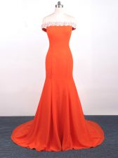 Amazing Orange Red Sleeveless Watteau Train Lace and Appliques Evening Dress