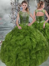  Olive Green Quinceanera Dress Military Ball and Sweet 16 and Quinceanera with Beading and Ruffles Scoop Sleeveless Lace Up