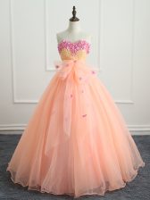  Peach Sweet 16 Dresses Military Ball and Sweet 16 and Quinceanera with Beading and Appliques and Bowknot Sweetheart Sleeveless Lace Up