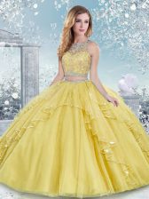 Luxurious Floor Length Gold 15th Birthday Dress Scoop Sleeveless Clasp Handle