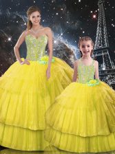  Gold Ball Gown Prom Dress Military Ball and Sweet 16 and Quinceanera with Ruffled Layers Sweetheart Sleeveless Lace Up