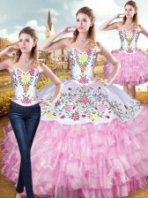 Attractive Rose Pink Lace Up 15 Quinceanera Dress Embroidery and Ruffled Layers Sleeveless Floor Length