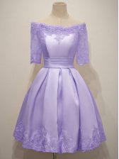 Amazing Lavender Taffeta Lace Up Off The Shoulder Half Sleeves Knee Length Vestidos de Damas Lace