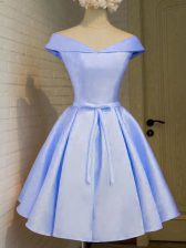  Lavender A-line Taffeta Off The Shoulder Cap Sleeves Belt Knee Length Lace Up Court Dresses for Sweet 16