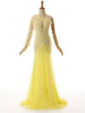 Cute Light Yellow Prom Dress Prom and Military Ball with Lace and Appliques One Shoulder Sleeveless Side Zipper
