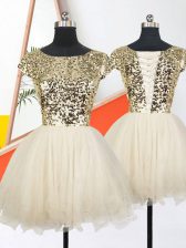  Champagne Organza Lace Up Scoop Short Sleeves Mini Length Prom Evening Gown Sequins