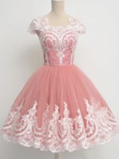 Fancy Knee Length Peach Quinceanera Court Dresses Square Cap Sleeves Zipper