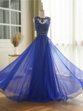  Sleeveless Chiffon Floor Length Zipper Prom Party Dress in Royal Blue with Appliques