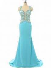  Aqua Blue Chiffon Backless Scoop Sleeveless Prom Dress Brush Train Lace and Appliques