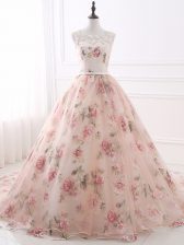 Most Popular Pink Scoop Neckline Lace and Appliques and Belt Prom Dress Sleeveless Zipper