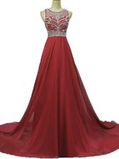  Sleeveless Beading Backless with Burgundy Brush Train