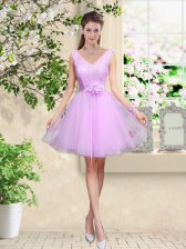 Sweet Tulle Sleeveless Knee Length Quinceanera Court of Honor Dress and Lace and Belt