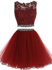  Scoop Sleeveless Tulle Prom Dress Beading and Lace and Appliques Zipper