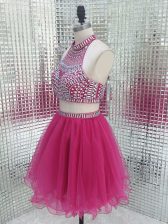 Fitting High-neck Sleeveless Backless Prom Dress Fuchsia Tulle