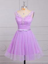Luxurious Lilac Lace Lace Up V-neck Sleeveless Mini Length Vestidos de Damas Appliques and Belt