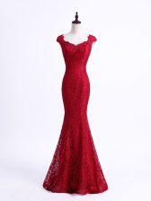 Flare Red Mermaid Lace Scalloped Sleeveless Lace Floor Length Lace Up Prom Evening Gown