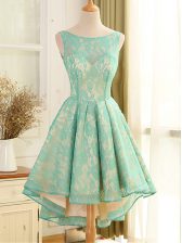  Turquoise A-line Lace and Appliques Prom Evening Gown Backless Lace Sleeveless High Low
