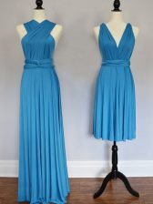 Fabulous Baby Blue Vestidos de Damas Prom and Wedding Party with Ruching Halter Top Sleeveless Lace Up