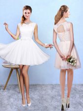 Deluxe White Sleeveless Lace and Appliques Knee Length Quinceanera Court of Honor Dress