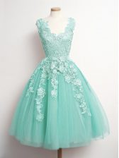 Elegant Knee Length A-line Sleeveless Aqua Blue Dama Dress for Quinceanera Lace Up