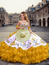  Gold Sleeveless Floor Length Embroidery and Ruffled Layers Lace Up Quinceanera Dress