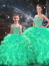 Extravagant Turquoise Quince Ball Gowns Military Ball and Sweet 16 and Quinceanera with Beading and Ruffles Sweetheart Sleeveless Lace Up