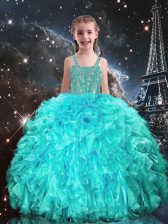 Custom Fit Aqua Blue Little Girls Pageant Dress Wholesale Quinceanera and Wedding Party with Beading and Ruffles Straps Sleeveless Lace Up