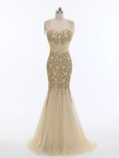  Champagne Mermaid Tulle Scoop Sleeveless Beading Zipper Prom Evening Gown Brush Train