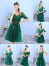 Custom Fit Knee Length A-line Half Sleeves Green Dama Dress for Quinceanera Backless