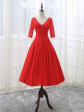 Romantic V-neck Half Sleeves Lace Dress for Prom Lace and Appliques Lace Up