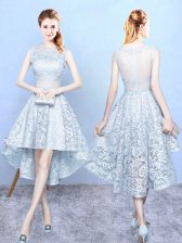  Light Blue Lace Zipper Vestidos de Damas Sleeveless High Low Lace