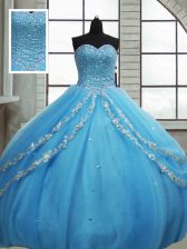 Custom Design Baby Blue Tulle Lace Up Ball Gown Prom Dress Sleeveless Floor Length Beading and Appliques and Sequins
