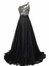  One Shoulder Sleeveless Dress for Prom Brush Train Beading and Lace Black Chiffon
