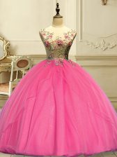 Extravagant Rose Pink Scoop Lace Up Appliques Quinceanera Dress Sleeveless