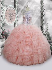 Modest Scoop Sleeveless Quinceanera Gown Floor Length Beading and Ruffles Baby Pink Organza