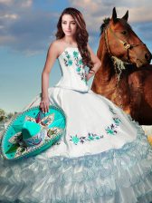  White Strapless Lace Up Embroidery and Ruffled Layers 15 Quinceanera Dress Sleeveless