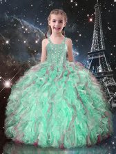 Fantastic Sleeveless Organza Floor Length Lace Up Pageant Gowns For Girls in Turquoise with Beading and Ruffles