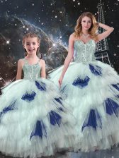  Blue And White Lace Up Sweet 16 Quinceanera Dress Beading and Ruffled Layers Sleeveless Floor Length