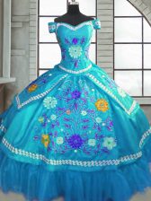 Fitting Teal Taffeta Lace Up Quinceanera Gowns Short Sleeves Floor Length Beading and Embroidery