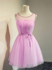 Traditional Lilac Empire Belt Quinceanera Dama Dress Lace Up Tulle Sleeveless Knee Length