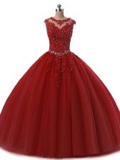Traditional Scoop Sleeveless Lace Up 15 Quinceanera Dress Burgundy Tulle