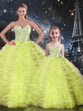  Floor Length Yellow Green 15 Quinceanera Dress Tulle Sleeveless Beading and Ruffles